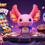 Engage with u888poker action featuring a vivid axolotl DJ and energetic gamblers in a vibrant casino scene.