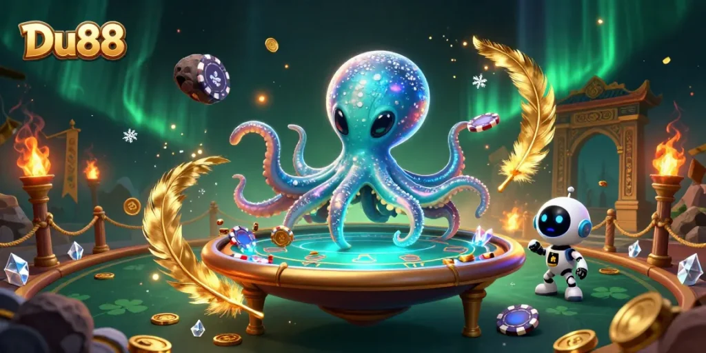 Engage with Du88 at a virtual casino where an alien octopus plays poker amidst vibrant cosmic elements.