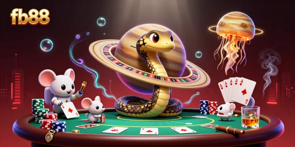 Engage in cosmic gaming fun with fb88 as cartoon mice bet on roulette rings!