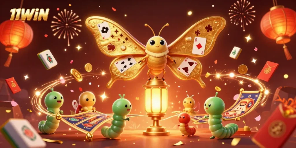 Engage with vibrant casino scenes at 11WIN, highlighted by a stunning moth and joyous elements.