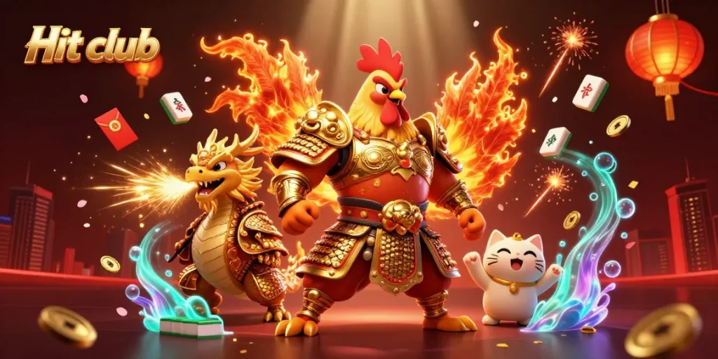 Experience excitement in Hit club with vibrant 3D character illustration showcasing a warrior and dragon amidst gaming elements.