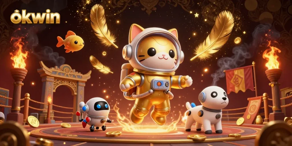 Experience exciting bets with okwin as the astronaut cat and robot dog travel through a cosmic gambling arena.