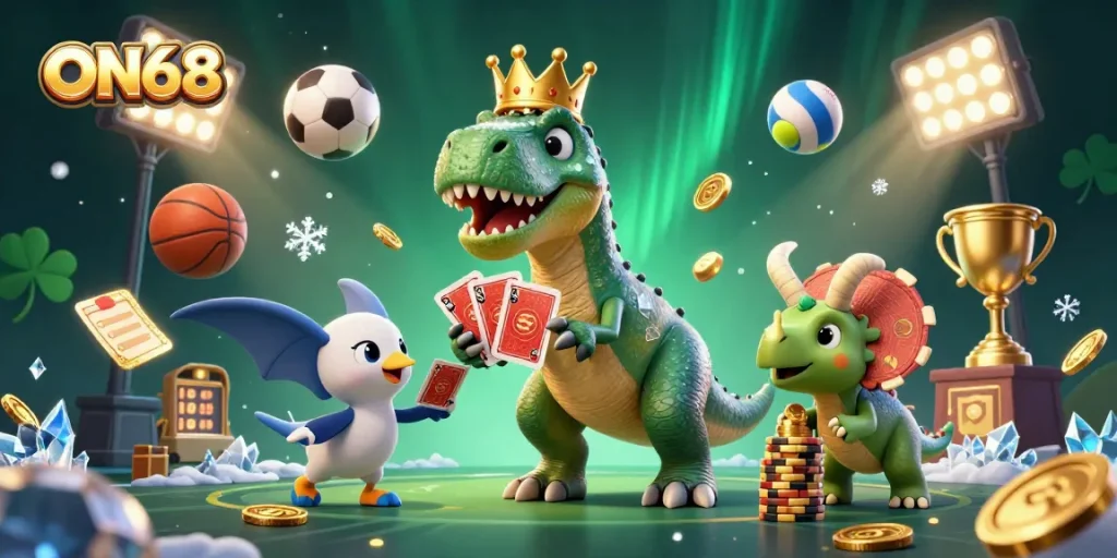 Engage with ON68's gaming adventures featuring a T-Rex dealing cards alongside friends in a dynamic casino scene.