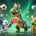 Engage with ON68's gaming adventures featuring a T-Rex dealing cards alongside friends in a dynamic casino scene.