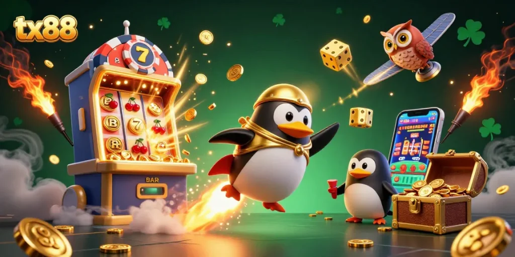 Win big with tx88 at the vibrant casino space featuring colorful slot machines and gold!