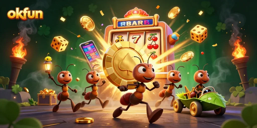 okfun casino heist scene with cartoon ants carrying a poker chip amidst vibrant slots and treasures.