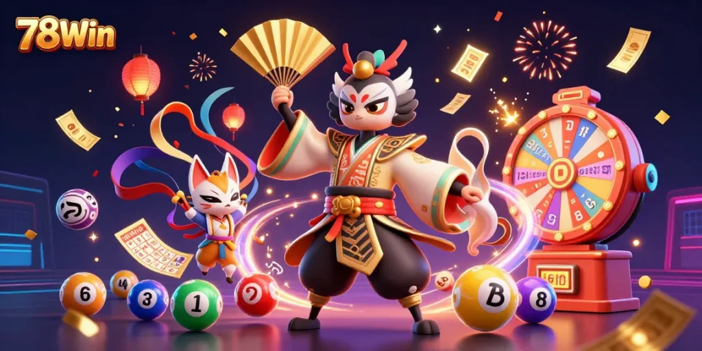 Experience thrilling action with 78Win in vibrant casino-inspired 3D artwork featuring kabuki characters and dynamic game elements.