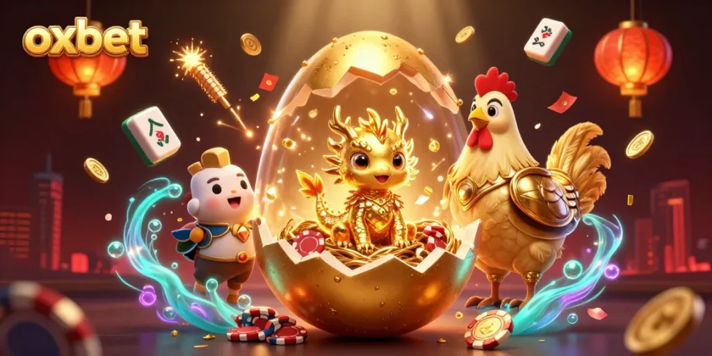 Bet on oxbet with a golden baby dragon and a hen in armor amidst casino elements.