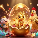 Bet on oxbet with a golden baby dragon and a hen in armor amidst casino elements.