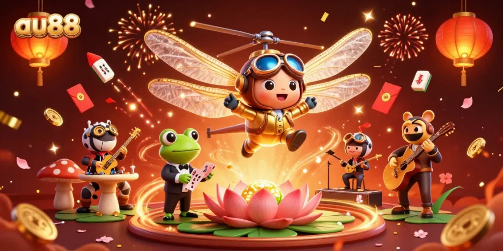 Experience thrilling gambling at au88 with a vibrant scene of a dragonfly pilot, frog croupier, and jazz musicians.