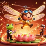 Experience thrilling gambling at au88 with a vibrant scene of a dragonfly pilot, frog croupier, and jazz musicians.