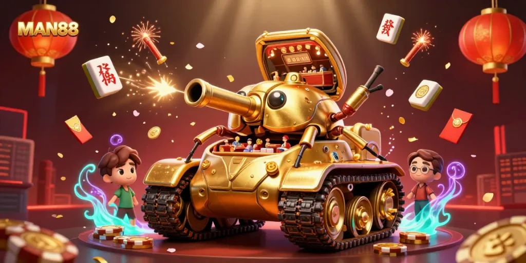 Experience the thrill of MAN88 with a vibrant 3D casino scene featuring a golden beetle tank.