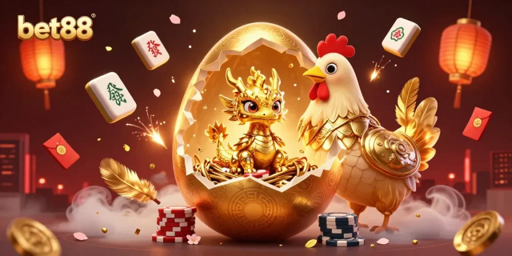 Win big at bet88 with a golden dragon guarding poker chips, surrounded by festive elements.