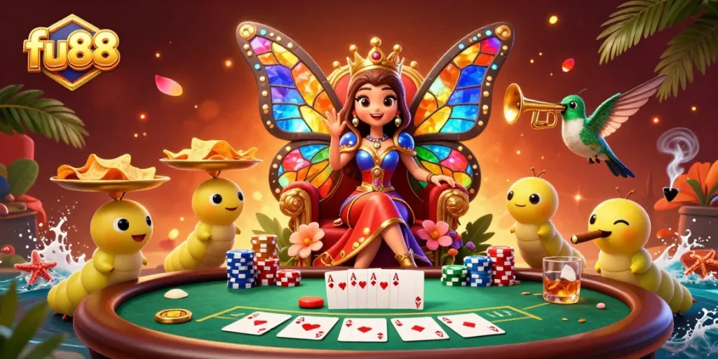 fu88 engages players in an exciting poker scene with a butterfly queen and dazzling chips.