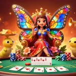 fu88 engages players in an exciting poker scene with a butterfly queen and dazzling chips.