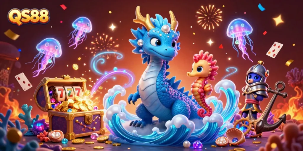 Celebrate winning big at QS88 with a thrilling 3D illustration featuring an azure dragon, seahorse knight, and festive gambling elements.