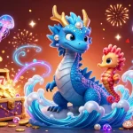Celebrate winning big at QS88 with a thrilling 3D illustration featuring an azure dragon, seahorse knight, and festive gambling elements.