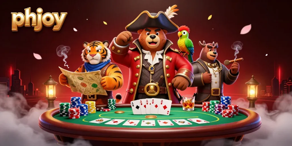 Experience thrilling gameplay with phjoy, as pirates engage in intense poker action surrounded by lavish casino elements.