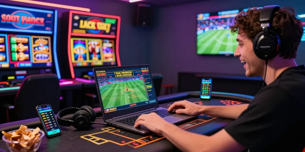 78win player engaged in online gaming with vibrant visuals and gaming accessories in the background.