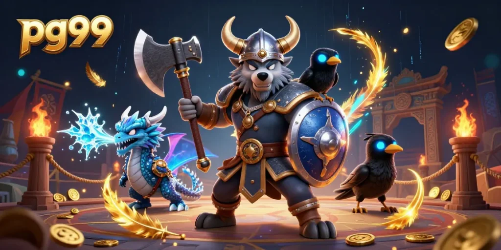 Engage in thrilling gameplay at PG99 with Viking warrior and icy dragon, surrounded by casino excitement.