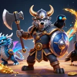 Engage in thrilling gameplay at PG99 with Viking warrior and icy dragon, surrounded by casino excitement.