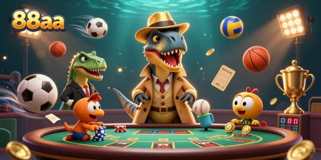 88aa showcases a dinosaur-themed casino scene with a card counter and nefarious pickpocket.
