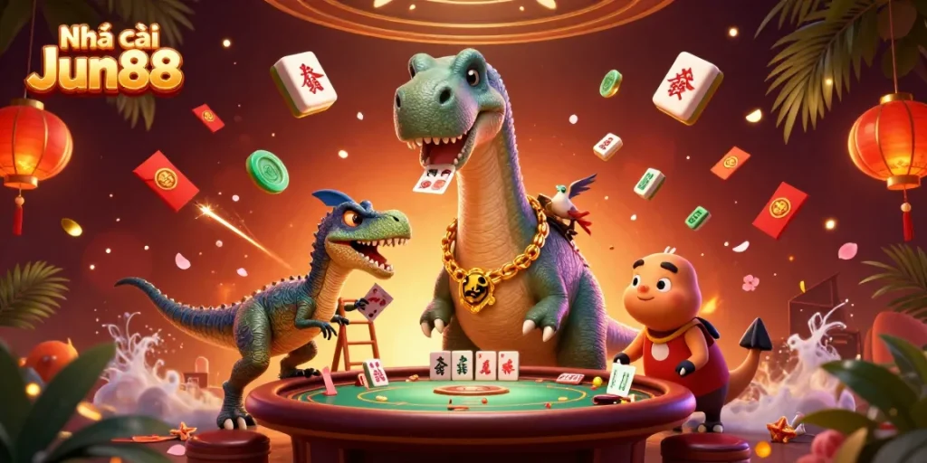 Experience thrilling moments at Nhà cái Jun88 with a vibrant casino scene featuring playful cartoon characters.