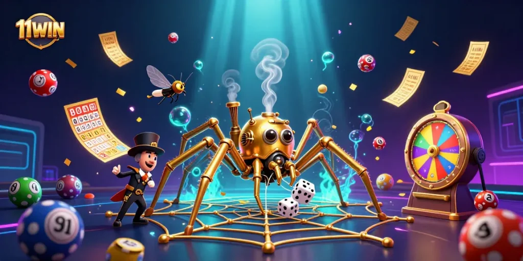 Engage with vibrant lottery action at 11WIN in this dynamic 3D casino illustration.
