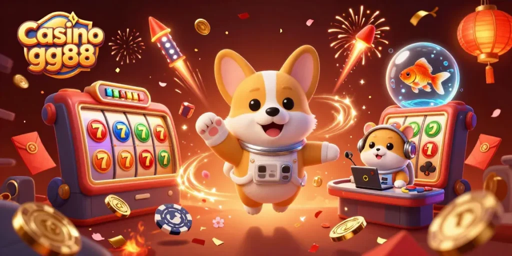 Casino gg88 showcases a 3D cartoon astronaut corgi in a vibrant casino scene with slot reels, festive decor, and captivating elements.