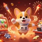 Casino gg88 showcases a 3D cartoon astronaut corgi in a vibrant casino scene with slot reels, festive decor, and captivating elements.