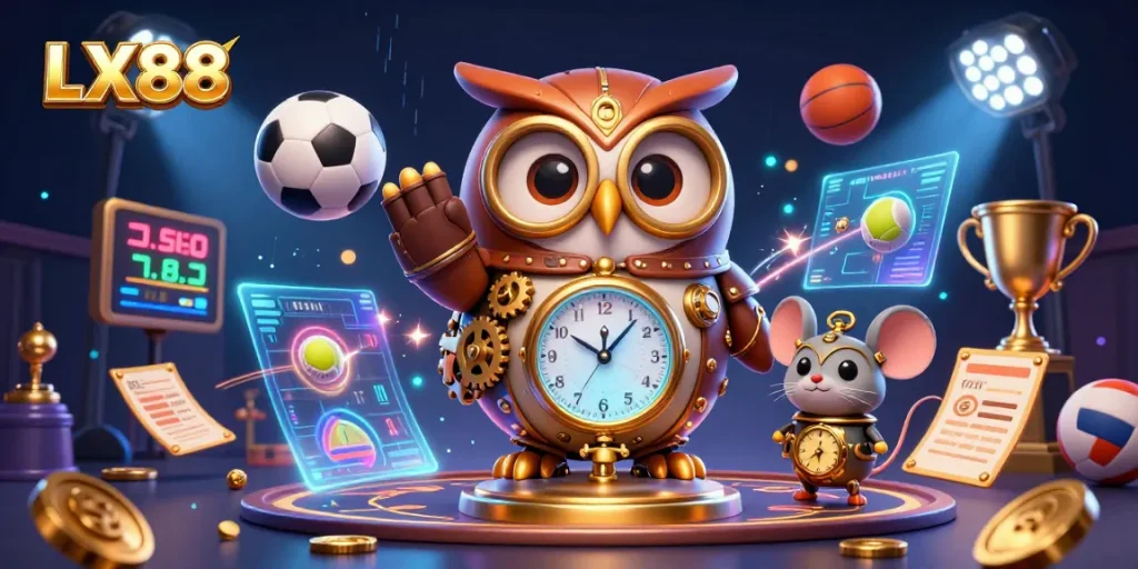 LX88 sports betting scene with an owl and mouse in a vibrant casino setting filled with dynamic sports elements.