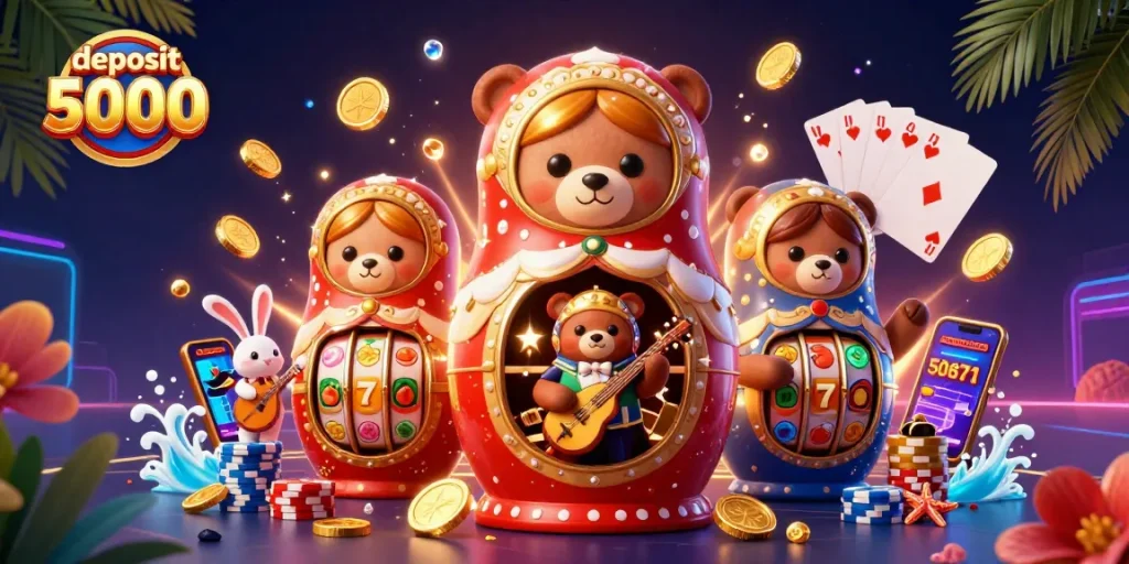 Engage with deposit 5000 at vibrant slot games, featuring Matryoshka bears and casino elements.