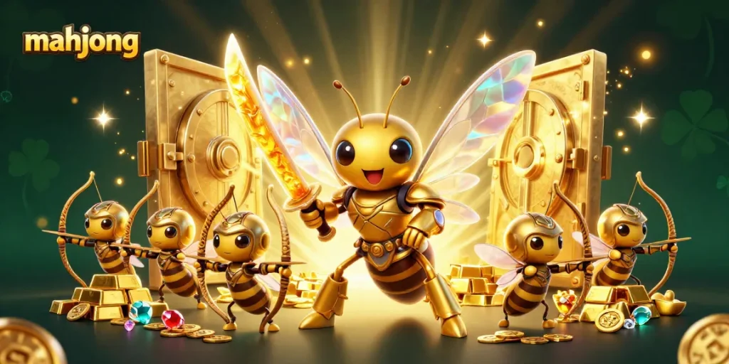 Experience winning spins in mahjong with a golden hornet samurai surrounded by treasures and vibrant jewels.