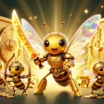 Experience winning spins in mahjong with a golden hornet samurai surrounded by treasures and vibrant jewels.