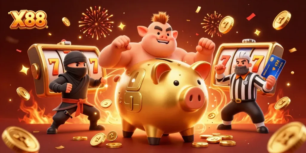 X88 features a vibrant casino battle scene with a golden piggy bank sumo wrestler and lively slot elements.