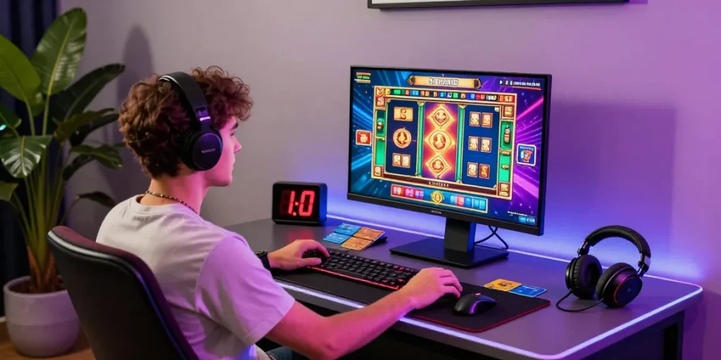 Engaged player at a credit card casino enjoying vibrant slot games with credit cards beside them.