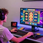 Engaged player at a credit card casino enjoying vibrant slot games with credit cards beside them.