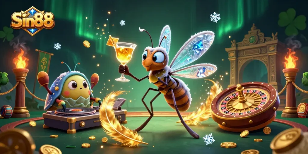 Experience the Sin88 casino with a vibrant scene of animated characters and golden gaming elements.
