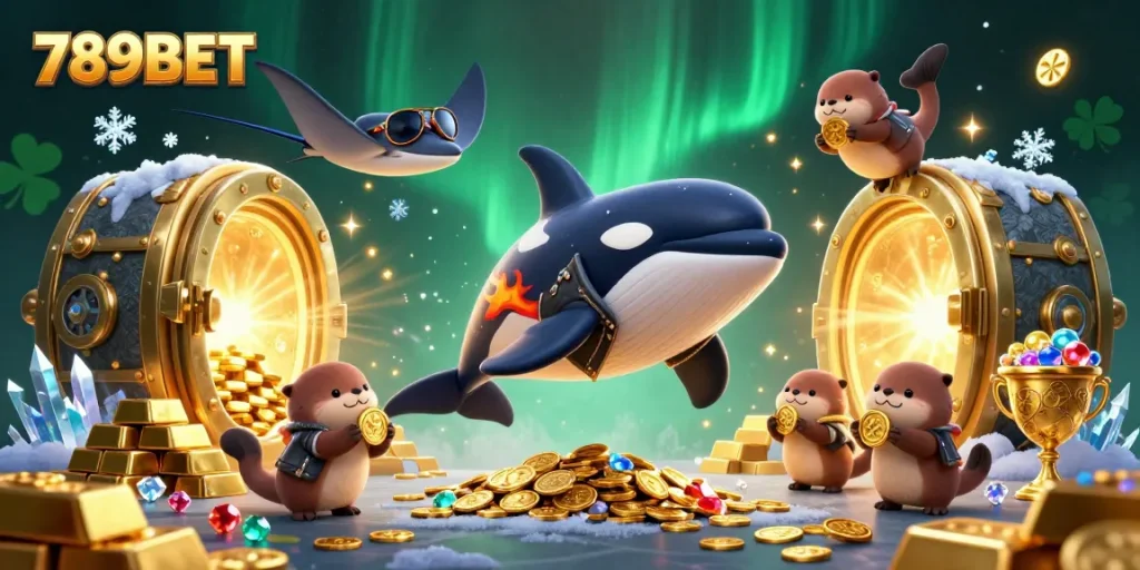 Engage with an exciting scene of 789BET featuring a dynamic casino adventure with treasure and vibrant characters.