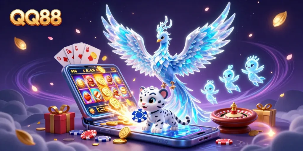 Experience exciting gameplay with QQ88 as colorful slot games and poker chips animate the scene.