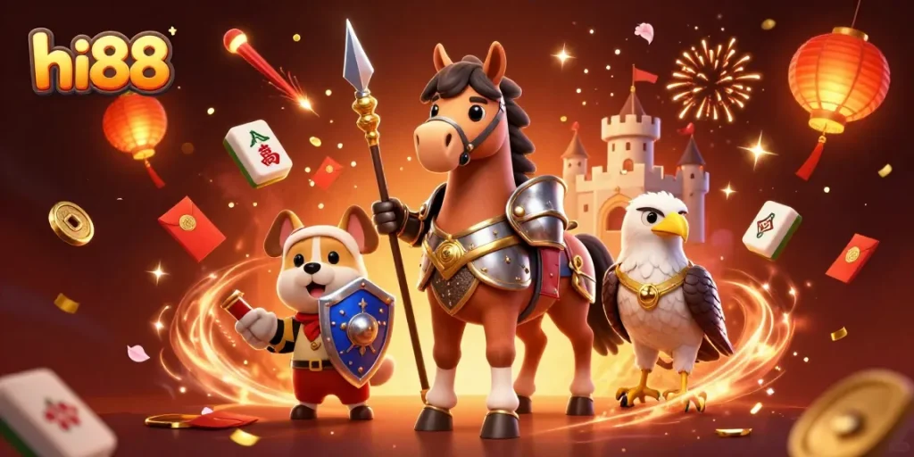 Experience gaming thrills at hi88 with cartoon knights amidst fireworks and vibrant casino elements.
