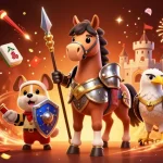 Experience gaming thrills at hi88 with cartoon knights amidst fireworks and vibrant casino elements.