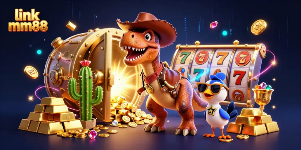 Spin and win at link mm88 with a thrilling 3D casino adventure illustration featuring dynamic characters.