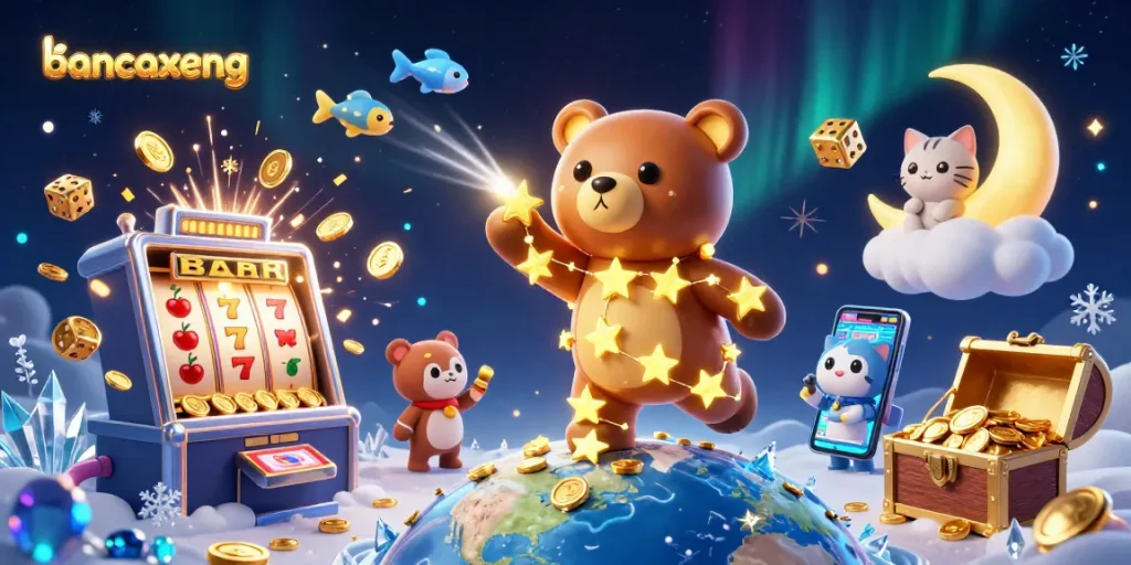 Experience the excitement of bancaxeng with golden coins and fish in a vibrant casino-themed illustration.