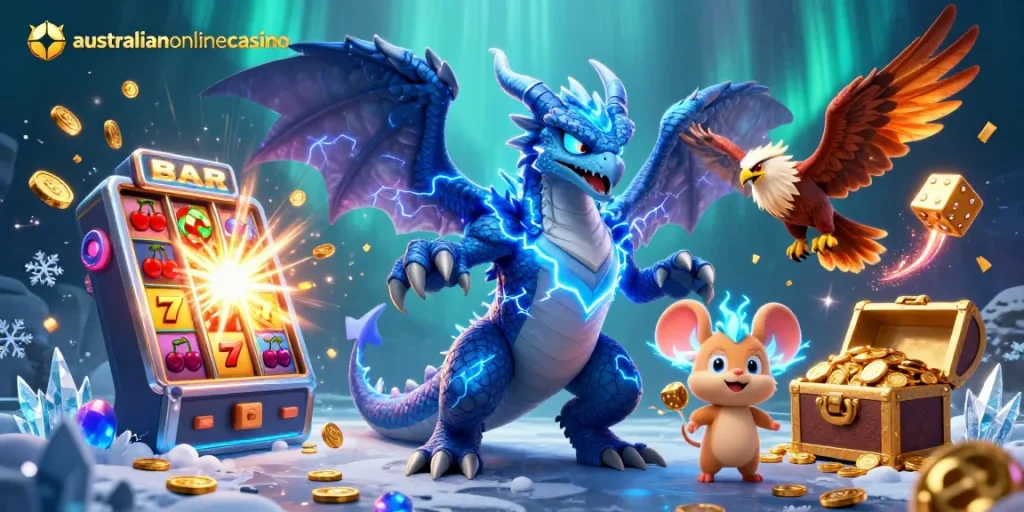 Experience thrilling gameplay at australianonlinecasino with vibrant characters and dynamic casino elements.