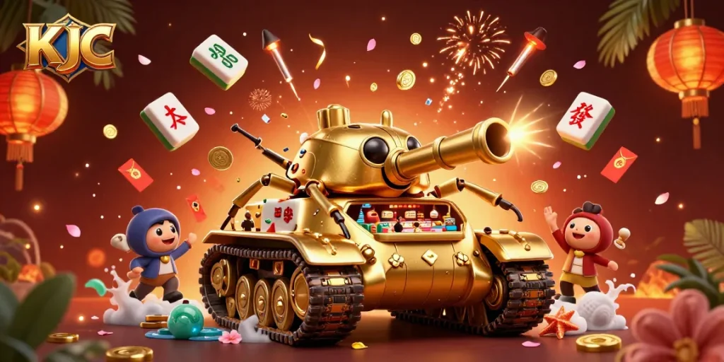 KJC showcases a vibrant 3D casino scene with a lavish beetle tank and festive elements.