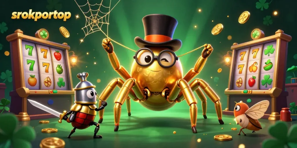 srokportop showcases a dynamic scene with a golden tarantula, beetle knight, and spinning slots, enhancing casino excitement.