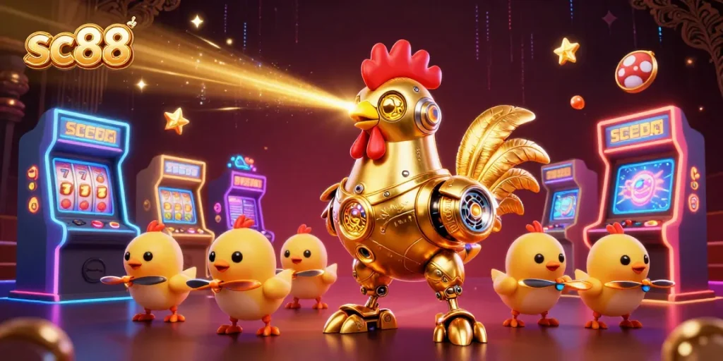 Experience sc88 with a retro-futuristic golden rooster robot engaging players at vibrant slot machines.