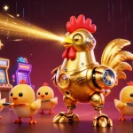 Experience sc88 with a retro-futuristic golden rooster robot engaging players at vibrant slot machines.