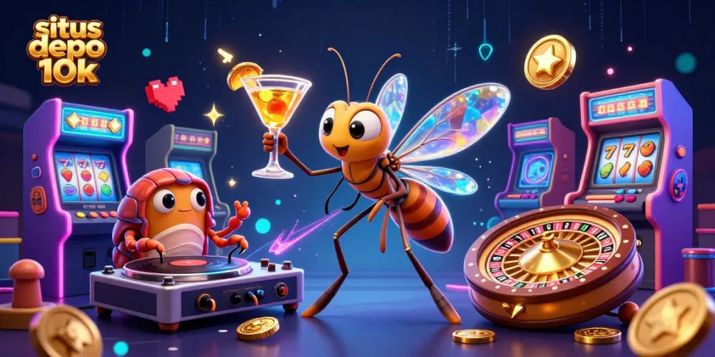 Engage with situs depo 10k featuring a vibrant casino scene with themed characters and dynamic games.